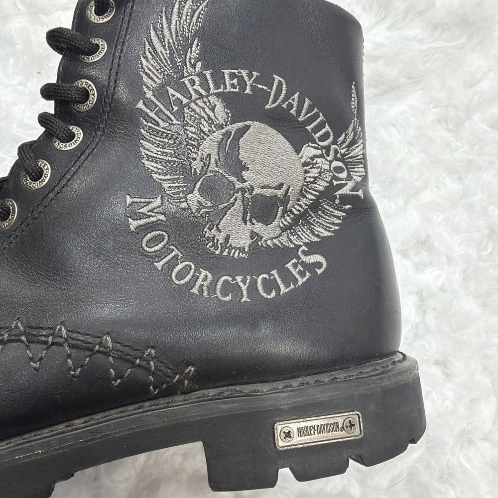 Vintage Harley Davidson Leather Boots Men's 9.5 Black Skull & Bones Logo Black
